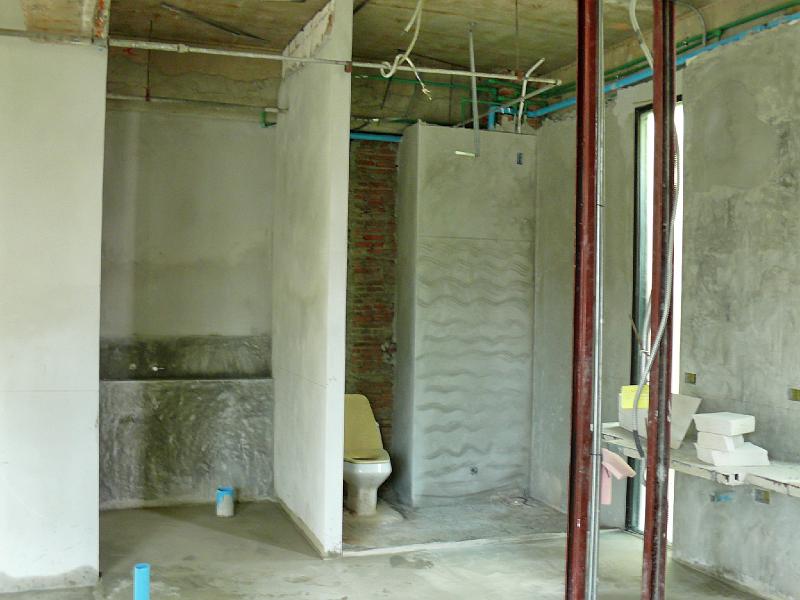 P1000497.JPG - Plumbing elements start to appear. Blue drain pipes are in place.