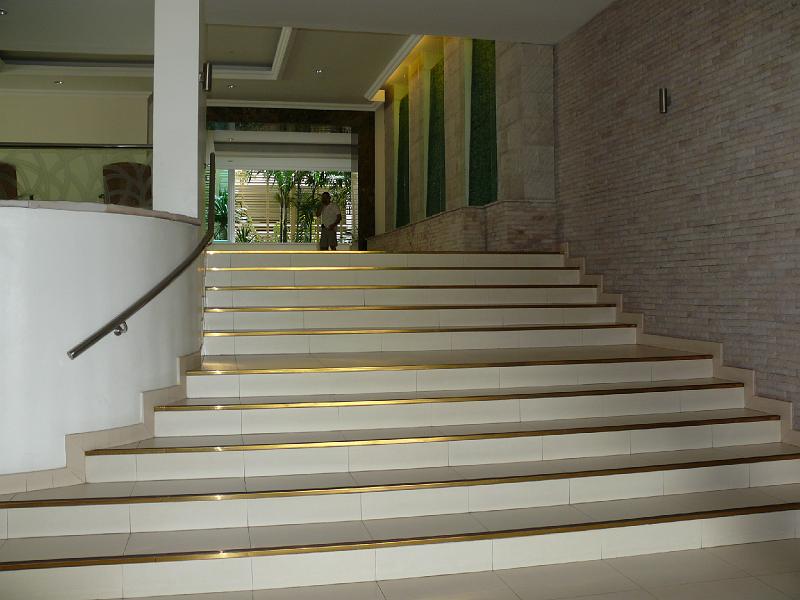 P1000091.JPG - The entrance to the lobby is covered but largely open to the outside and therefore is rather breezy even on a hot day. (Lobby is at the upper edge of the staircase.)